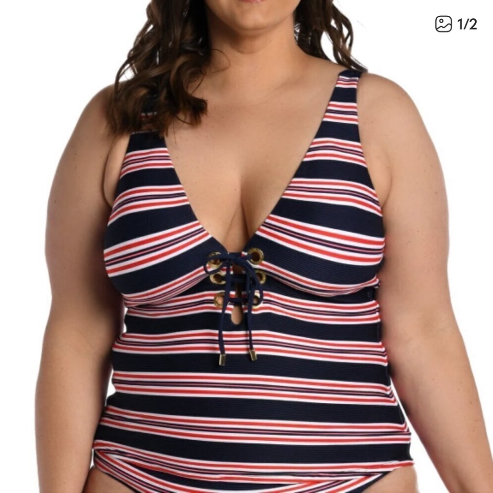 La Blanca Navy, Red & White Lace-Up Tankini Top and matching bottoms